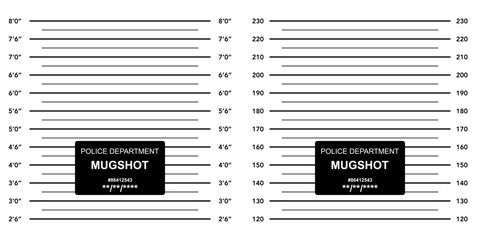 Police lineup mugshot background. Shotup photo for arrest. Police lineup background with inch and cm scale. Mugshot board template. Vector illustration.