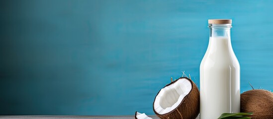 Aufkleber - A front view of a healthy vegan milk bottle placed on a wooden plate with half coconuts a palm branch and a blue background Perfect for use as a copy space image