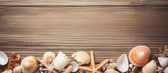 Poster - A copy space image featuring sea themed decorations and shells arranged on a rustic wooden background