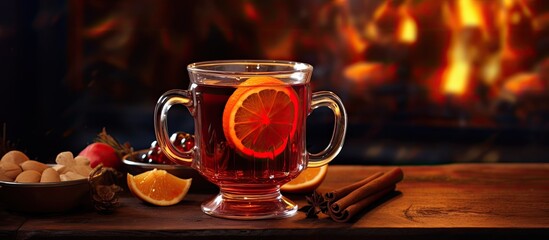 Sticker - Enjoy a warm and festive Christmas mulled wine infused with the flavors of cinnamon orange and anise. Creative banner. Copyspace image