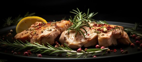 Wall Mural - A copy space image showcasing marinated raw chicken thighs with fresh rosemary spices and garlic on a dark background