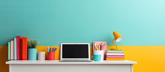 Poster - A cozy home office with a laptop placed on a desk against a colorful wall providing a comfortable and inviting work environment Copy space image