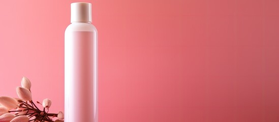 Sticker - A beauty product bottle for skin or hair care displayed sideways on a pink background The image includes copy space and a blank label for branding purposes