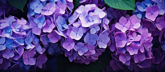 Poster - A captivating copy space image featuring a panoramic view of vibrant purple hydrangea flowers set against a backdrop of lush green leaves