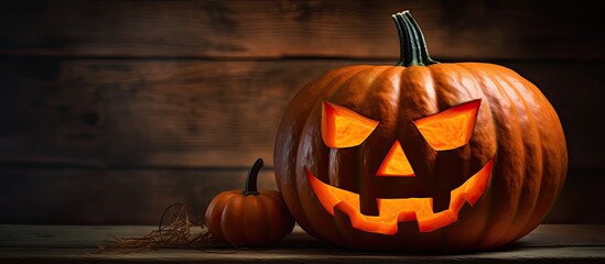 Poster - The Halloween pumpkin with a creepy grin ready to be carved illuminated and placed in a spooky atmosphere creating the perfect seasonal copy space image