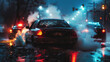 Rainy night car breakdown with emergency lights
