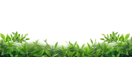 Aufkleber - A frame of freshly picked green tea leaves from an organic tea plantation surrounded by fresh green foliage isolated on a white background with copy space