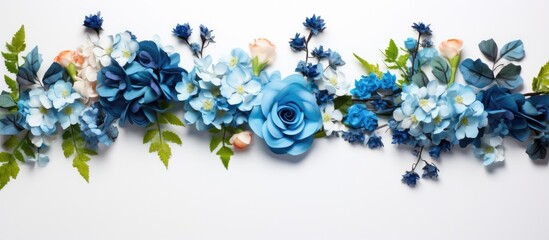 Aufkleber - Top view copy space image of a flat lay floral corner arrangement featuring begonia and small blue flowers isolated on a white background