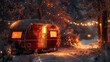 Cozy winter camper with festive lights in snowy forest
