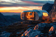 Futuristic camper at sunset in mountain range