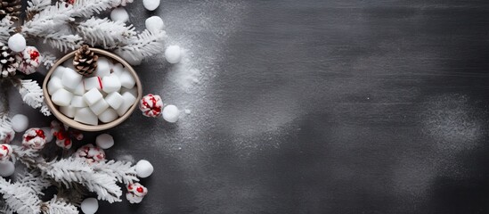 Aufkleber - A cozy winter themed cup filled with hot cocoa or chocolate adorned with marshmallows and cinnamon placed on a grey background The image is taken from a top down view leaving ample space for addition