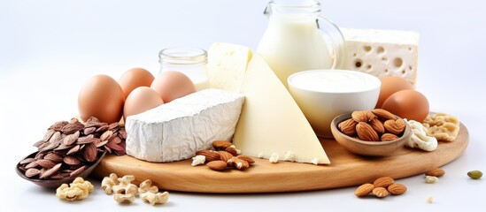 A balanced diet consisting of protein rich foods like cottage cheese eggs and nuts on a white background perfect for a copy space image