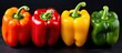 Colorful bell peppers are placed on a sleek black concrete background forming a vibrant display of red orange yellow and green varieties The peppers are seen from above presenting a flat lay view wit