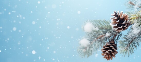 Poster - A snowy Christmas tree branch adorned with pine cones set against a light blue backdrop and accompanied by ample copy space for additional content