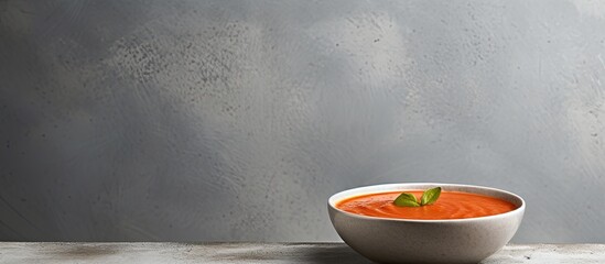 Poster - Closeup copy space image of a homemade tomato soup bowl on a grey background offering room for text