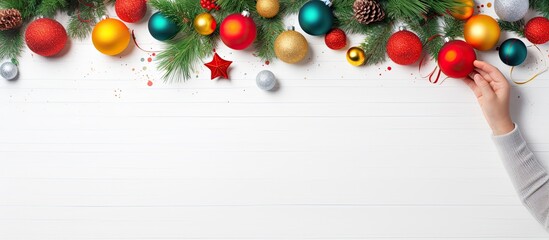 Poster - Colorful balls garland and fir branches adorn a white table where children have crafted DIY homemade Christmas gifts This flat lay image presents a top view with ample room for additional elements