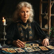 vintage vintage style deck of tarot cards. magical predictions of the future, mysterious characters. AI generated	