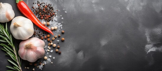 Aufkleber - Top view of garlic rosemary black pepper and salt on a grey concrete background creating a visually appealing copy space image