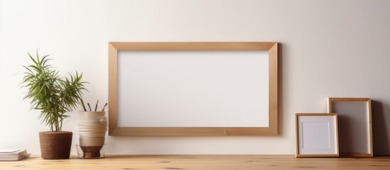 Poster - In the living room a wooden table displays a close up photo frame with ample copy space available