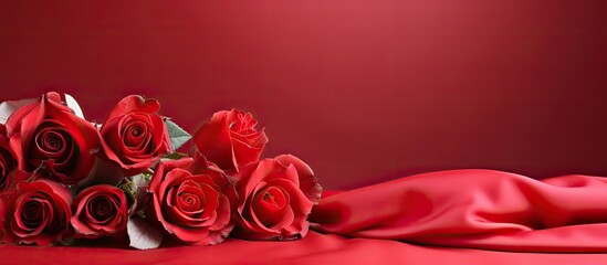 Poster - A beautiful arrangement of rose flowers on a red satin background with a delicate draping and ample empty space for additional imagery