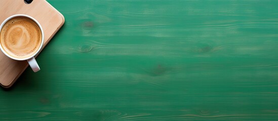 Canvas Print - A top view of a wooden desk with a green screen smartphone and a paper coffee cup providing ample copy space in the image