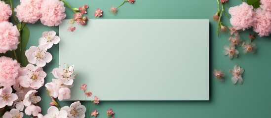 Canvas Print - Top view of a wedding invitation card mockup template with pink flowers on a green background offering plenty of copy space for customization