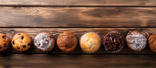 Poster - The top view shows delicious homemade sweet chocolate and vanilla muffins displayed on a wooden table background with copy space for additional elements