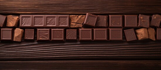 Aufkleber - Top view of a wooden background with pieces of chocolate arranged allowing ample space for text in the image