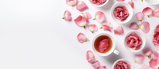 Sticker - A top down view of rose tea along with cups and a teapot is showcased on a light gray background The image offers a wide perspective and includes open space. Creative banner. Copyspace image