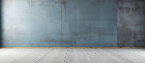 Poster - A blank studio room with a blue concrete wall white wooden floor and copy space image for mockup templates