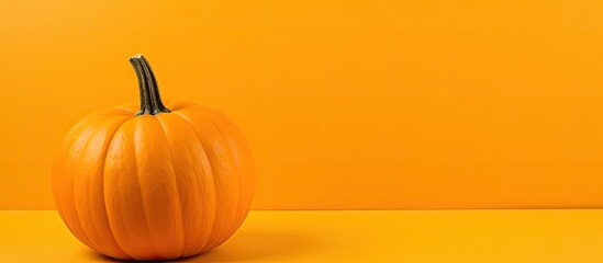Poster - Yellow background with copy space image featuring a fresh whole orange pumpkin providing ample room for text