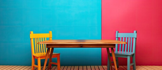 Aufkleber - A mockup for design purposes featuring an empty wooden table set against a vibrant and colorful background. Creative banner. Copyspace image