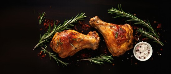 Canvas Print - A top down view of fried chicken legs garnished with rosemary garlic and chili with a blank space for additional visuals