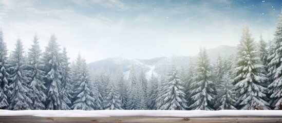 Poster - Winter forest with snow and tall pine trees displaying an empty wooden table A scenic Christmas or winter backdrop with ample copy space ideal for product display templates