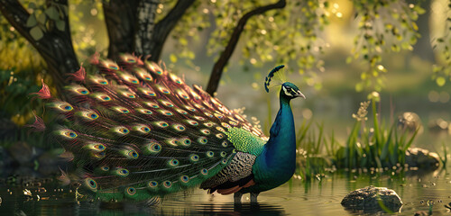 male peacock displaying beautiful plumage . Generative Ai