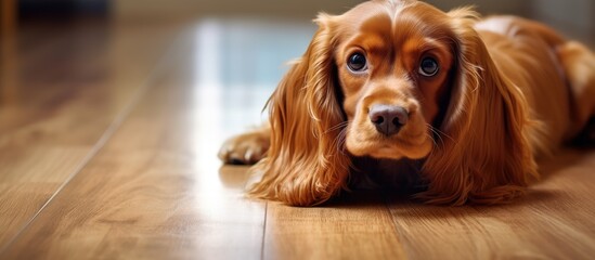 Wall Mural - A charming English Cocker Spaniel puppy rests on the indoor floor providing a perfect copy space image