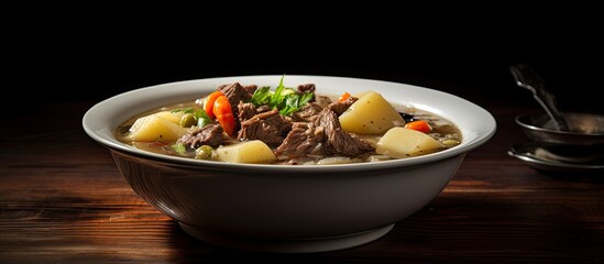 Aufkleber - A white bowl of beef soup with chunks of meat potatoes and carrots ready for enjoying or photographing with copy space