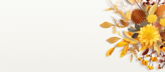 Poster - A greeting card with a floral design for autumn featuring a border of yellow leaves on a white surface It captures the seasonal concept of Thanksgiving day and there is ample copy space on the image