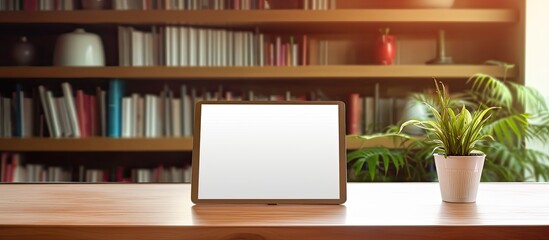 Fototapete - There is a tablet on the desk in a home office providing ample copy space for your text