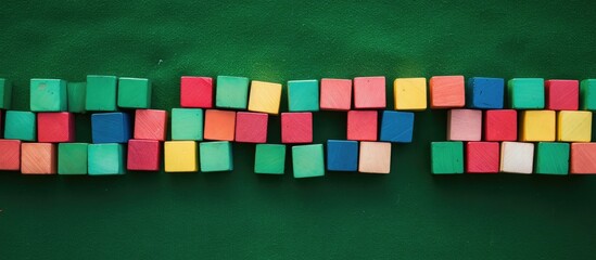 Aufkleber - Top view of a copy space image showing colorful wooden blocks for children placed on a green carpet