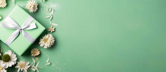 Poster - A flat lay composition featuring a gift box white invitation card and copy space image on a refreshing green background