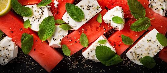 Aufkleber - Top view of a close up summer dessert with juicy watermelon slices creamy mozzarella nutritious chia seeds and refreshing mint leaves This copy space image represents a healthy vegetarian food concep