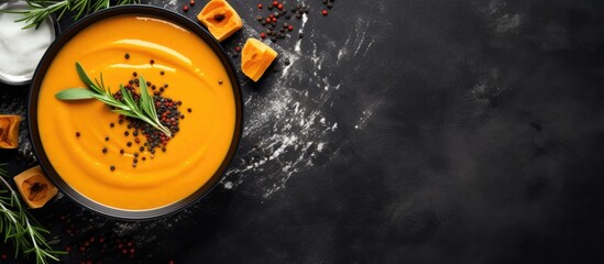 Aufkleber - A copy space image of butternut squash soup with black pepper displayed from an overhead perspective on a smooth grey slate surface
