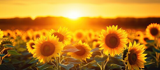 Canvas Print - A captivating copy space image of sunflowers gracefully swaying on a field as the golden hues of the sunset illuminate the scene