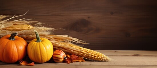 Poster - Copy space image of Thanksgiving Day with ripe orange pumpkins wheat and corn displayed against a rustic brown wooden backdrop