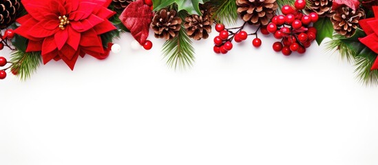 Poster - A top down view shows a festive Christmas decoration with a red poinsettia flower frame a Christmas tree branch pine cones red berries and ornaments on a white backdrop There is plenty of open space