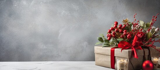 Aufkleber - A festive and stylish Christmas table arrangement featuring a gift box placed on a textured concrete background creating a visually appealing copy space image