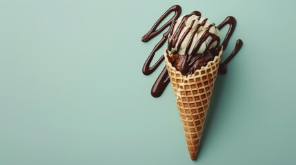 Wall Mural - Top down view of a waffle cone drizzled with chocolate set against a soft pastel green backdrop