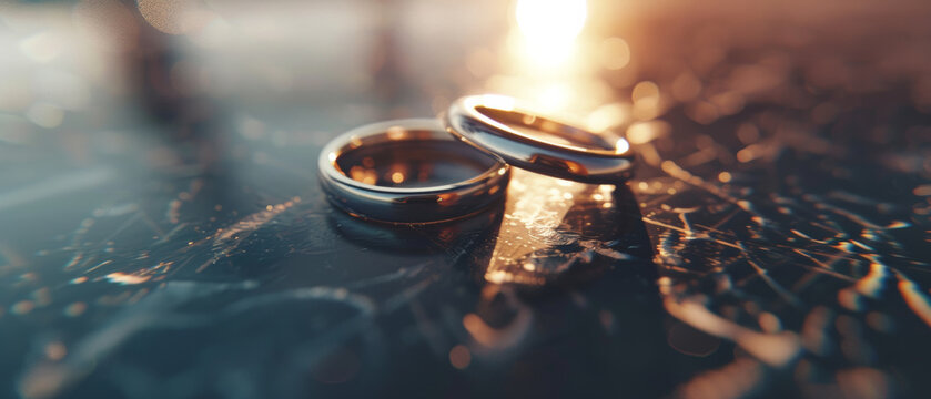 Golden glow illuminates a pair of wedding rings on a textured surface.