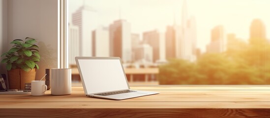 Fototapete - There is a tablet on the desk in a home office providing ample copy space for your text
